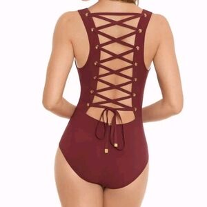 Miraclesuit Amoressa Mercury Lace Up Back Swimsuit 12 Maroon